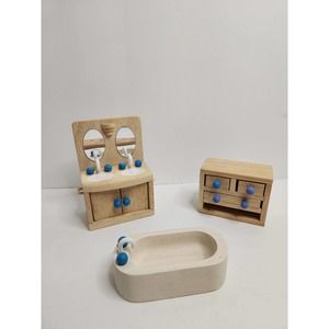 Vintage Wooden Doll House Furniture 3 pcs. Bathroom. Tub Sink Cabinet